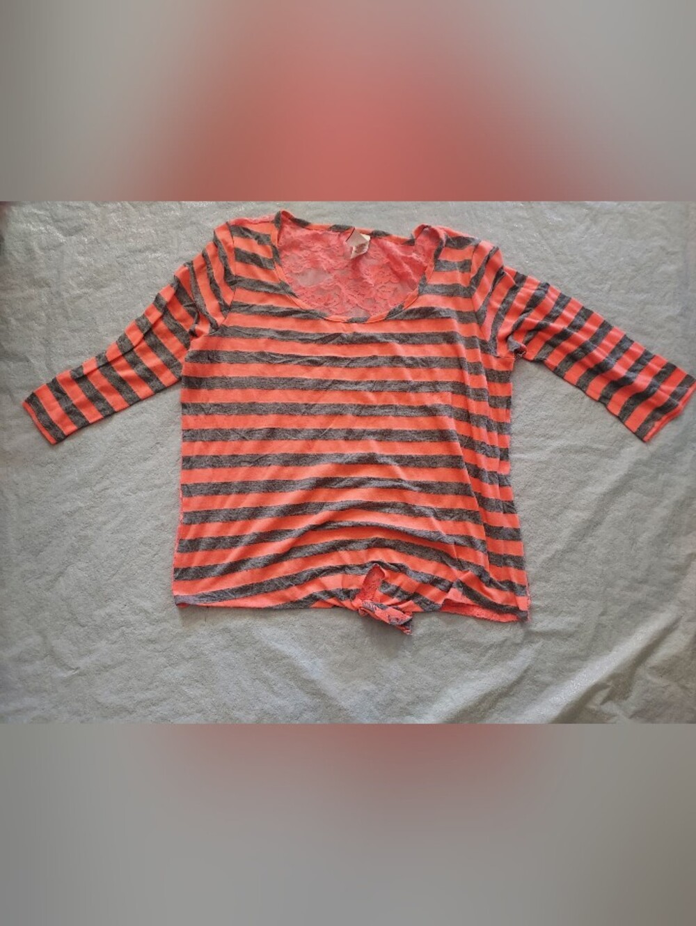 No Boundaries Coral and Gray Striped Lace-Back Long Sleeve Tee